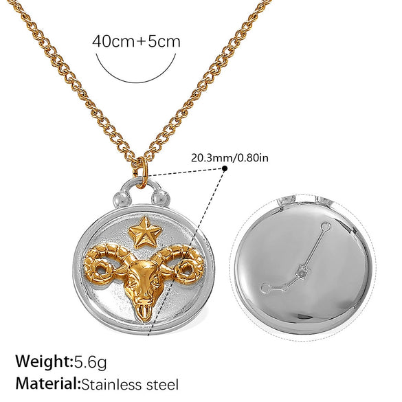 316L Stainless Steel Round Plate Twelve Constellation Pattern Pendant Necklace For Women Electroplated