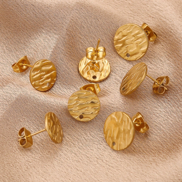 Stainless Steel Round Stud Earrings Irregular Embossed Electroplated Jewelry Accessories