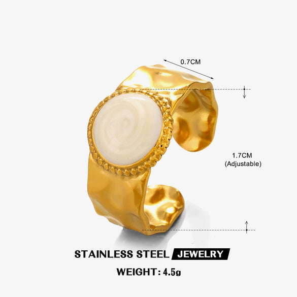 Stainless Steel Round Women's Retro Geometric Hammer Pattern Open Oil Drop Ring 18K Gold Plated