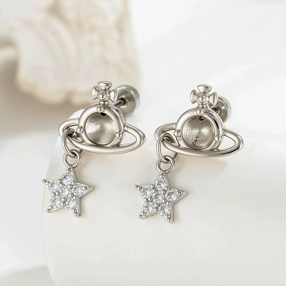 Stainless Steel Saturn Ear Stud Fashion Minimalist Polish Diy Handmade Piercing Jewelry Accessories