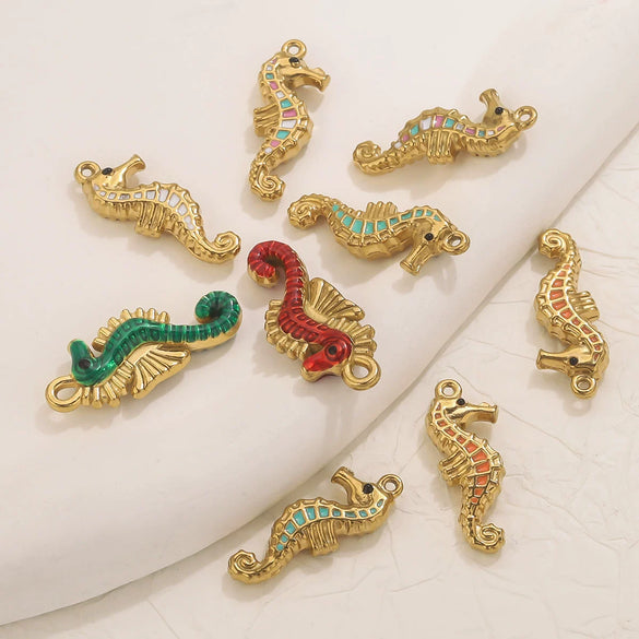 Stainless Steel Seahorse Pendant For Jewelry Electroplated With 18K Real Gold Oil Drop Colorful Ocean Style