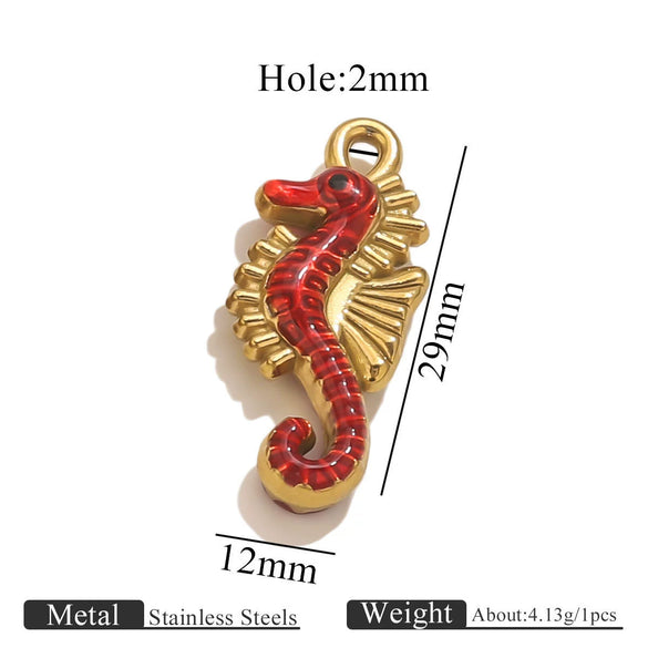 Stainless Steel Seahorse Pendant For Jewelry Electroplated With 18K Real Gold Oil Drop Colorful Ocean Style