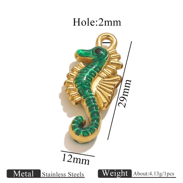 Stainless Steel Seahorse Pendant For Jewelry Electroplated With 18K Real Gold Oil Drop Colorful Ocean Style