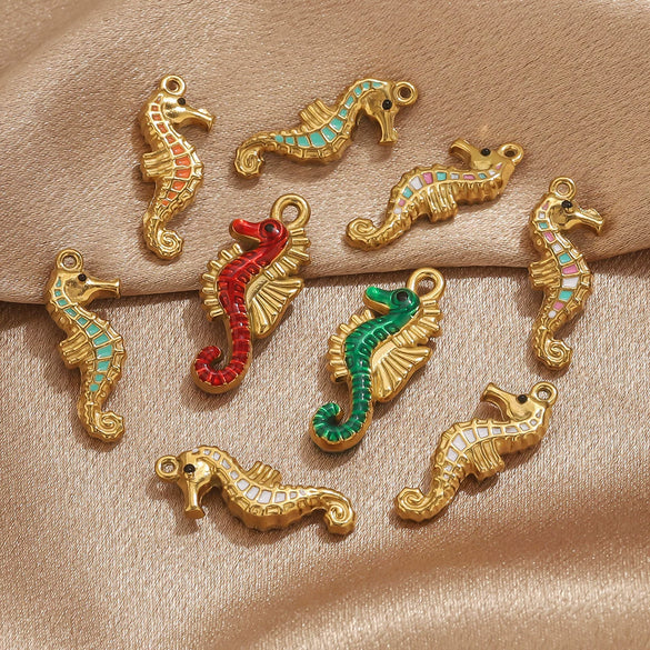 Stainless Steel Seahorse Pendant For Jewelry Electroplated With 18K Real Gold Oil Drop Colorful Ocean Style