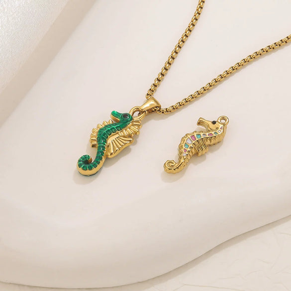 Stainless Steel Seahorse Pendant For Jewelry Electroplated With 18K Real Gold Oil Drop Colorful Ocean Style