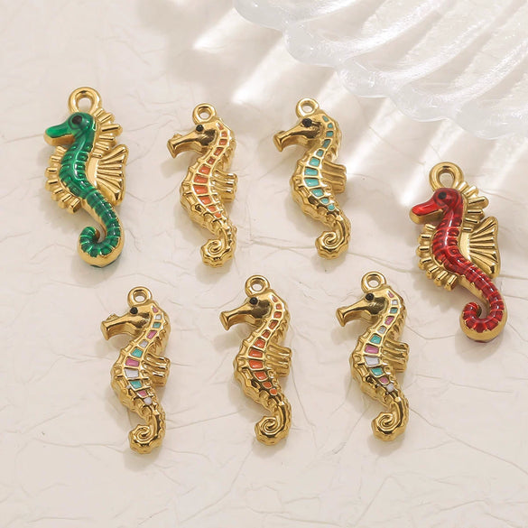 Stainless Steel Seahorse Pendant For Jewelry Electroplated With 18K Real Gold Oil Drop Colorful Ocean Style