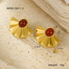 Stainless Steel Semicircular Fanshaped Inlaid Natural Stone Titanium Steel Stud Earrings For Women Light Luxury Style Electroplated