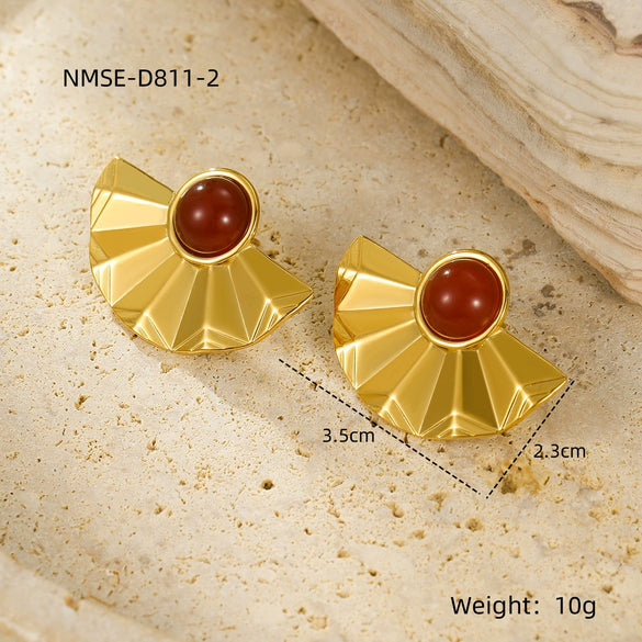 Stainless Steel Semicircular Fanshaped Inlaid Natural Stone Titanium Steel Stud Earrings For Women Light Luxury Style Electroplated