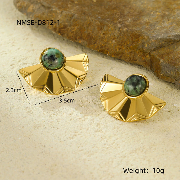 Stainless Steel Semicircular Fanshaped Inlaid Natural Stone Titanium Steel Stud Earrings For Women Light Luxury Style Electroplated