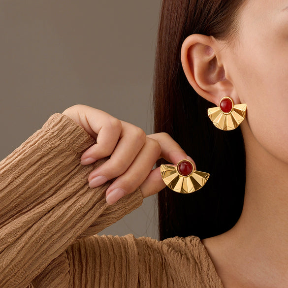 Stainless Steel Semicircular Fanshaped Inlaid Natural Stone Titanium Steel Stud Earrings For Women Light Luxury Style Electroplated