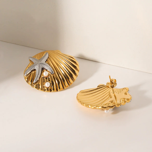 Stainless Steel Shell Geometric Starfish Earrings Electroplated For Women