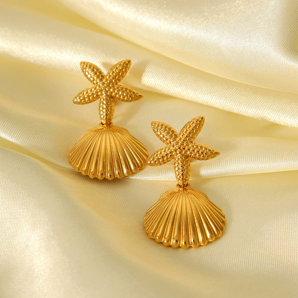 Stainless Steel Shell Starfish Earrings With Geometric Pattern And Electroplating