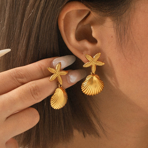 Stainless Steel Shell Starfish Earrings With Geometric Pattern And Electroplating