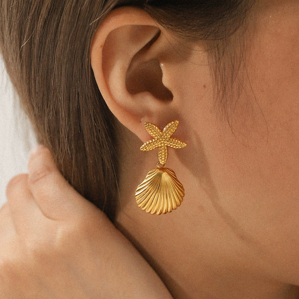 Stainless Steel Shell Starfish Earrings With Geometric Pattern And Electroplating