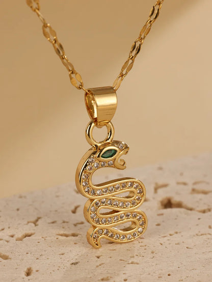 Stainless Steel Shiny Snake Plating Inlay Zircon Pendant Necklace