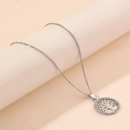 Stainless Steel Silver Plated Simple Style Round Tree Hollow Out Inlay Zircon Pendant Necklace