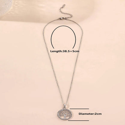 Stainless Steel Silver Plated Simple Style Round Tree Hollow Out Inlay Zircon Pendant Necklace