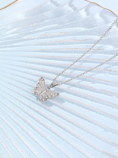 Stainless Steel Silver Plated Simple Style Shiny Butterfly Inlay Zircon Pendant Necklace