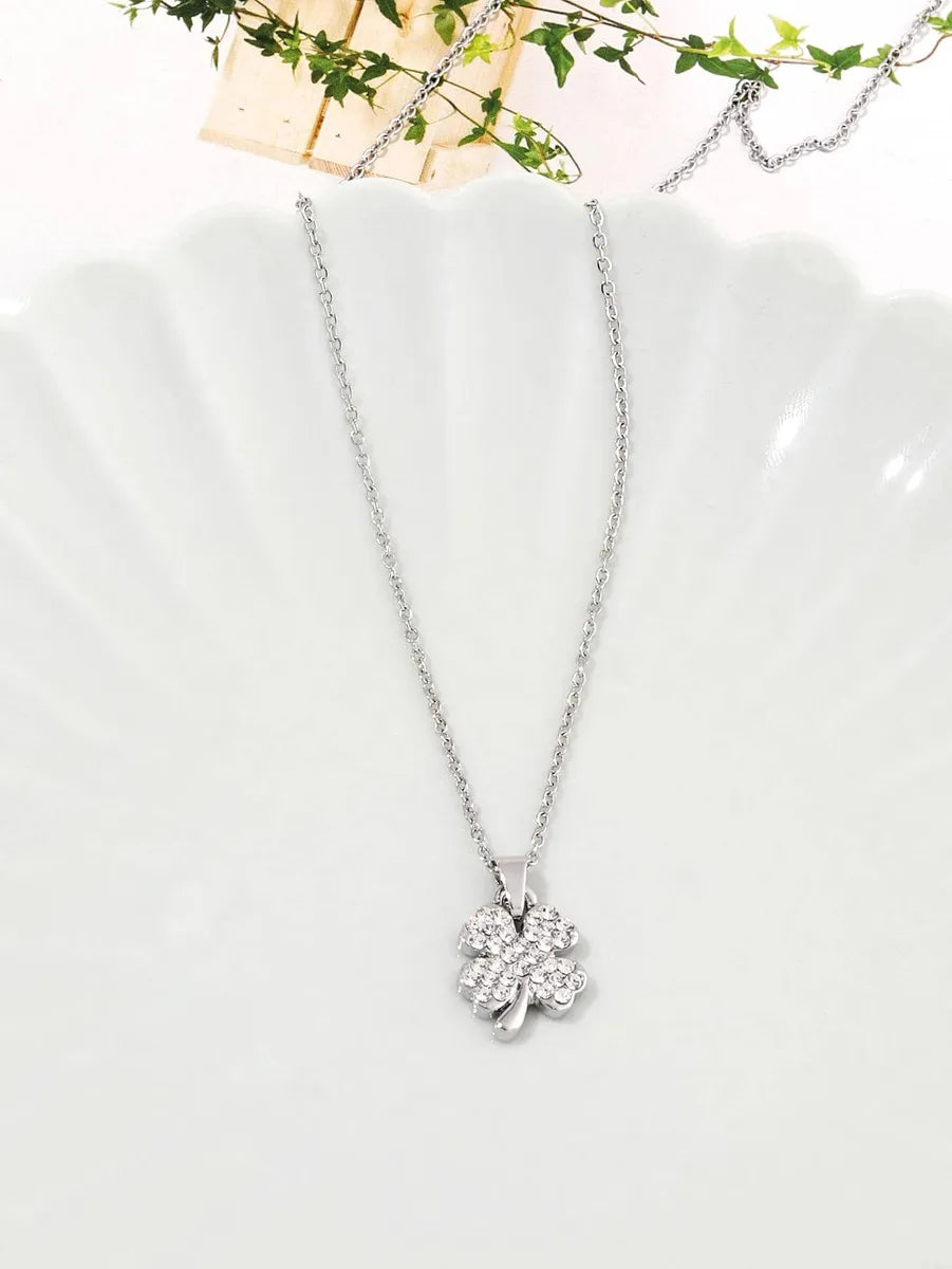 Stainless Steel Silver Plated Simple Style Shiny Four Leaf Clover Square Inlay Zircon Pendant Necklace