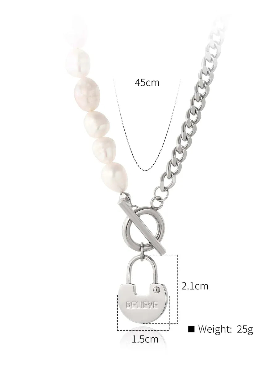 Stainless Steel Silver Plated Simple Style Square Lock Toggle Inlay Artificial Pearls Zircon Pendant Necklace