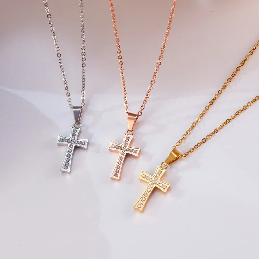 Stainless Steel Simple Style Plating Inlay Cross Zircon Pendant Necklace