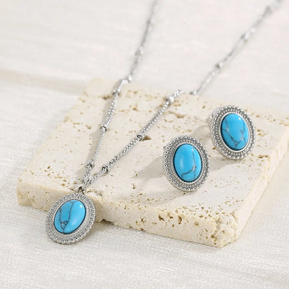 Stainless Steel Simple Style Oval Inlay Turquoise Earrings Necklace