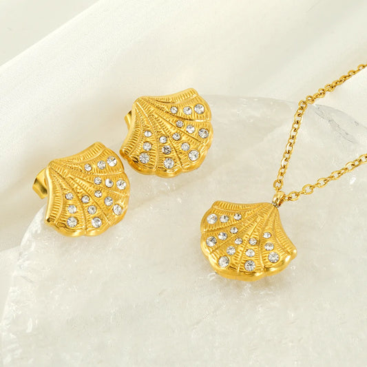 Stainless Steel Simple Style Shell Plating Inlay Rhinestones Earrings Necklace