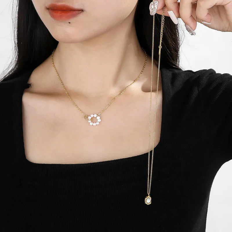 Stainless Steel 18K Gold Plated Simple Style Inlay Solid Color Freshwater Pearl Pendant Necklace