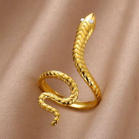 Stainless Steel Snake Animal Exaggerated Gothic Punk Style Electroplated Open Ring Jewelry