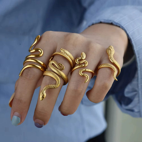 Stainless Steel Snake Animal Exaggerated Gothic Punk Style Electroplated Open Ring Jewelry