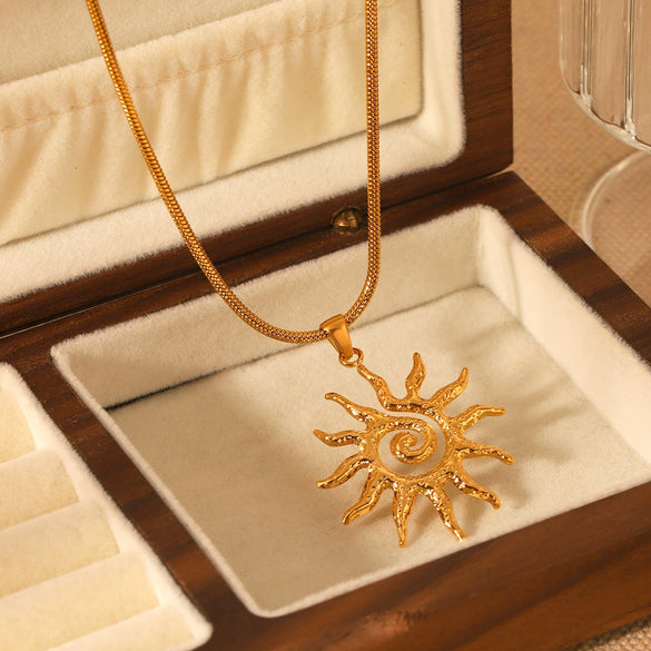 Stainless Steel Snake Bone Chain Titanium Steel Geometric Pendant Necklace With Hammer Spiral Sun Design Electroplated