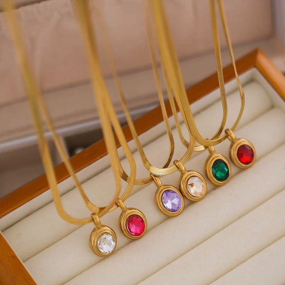 Stainless Steel Snake Chain Necklace With Oval Color Zircon Pendant Electroplating Light Luxury Retro Style Unisex