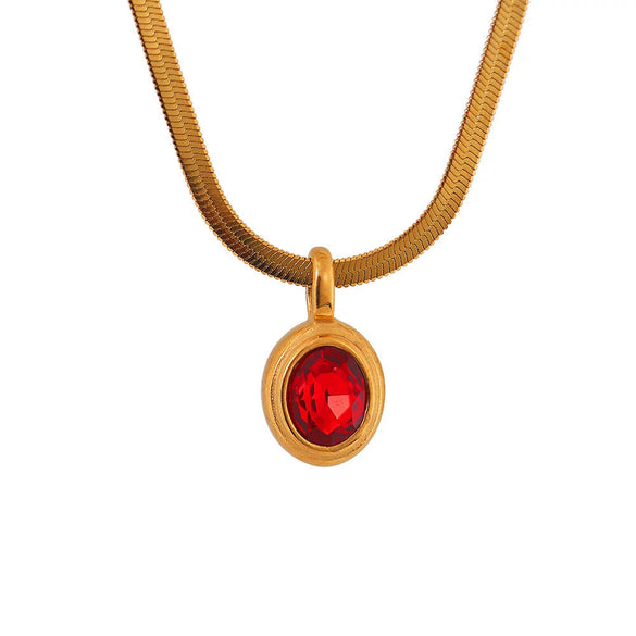 Stainless Steel Snake Chain Necklace With Oval Color Zircon Pendant Electroplating Light Luxury Retro Style Unisex