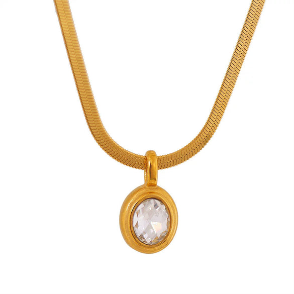 Stainless Steel Snake Chain Necklace With Oval Color Zircon Pendant Electroplating Light Luxury Retro Style Unisex