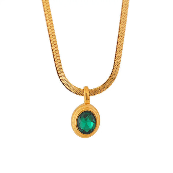 Stainless Steel Snake Chain Necklace With Oval Color Zircon Pendant Electroplating Light Luxury Retro Style Unisex