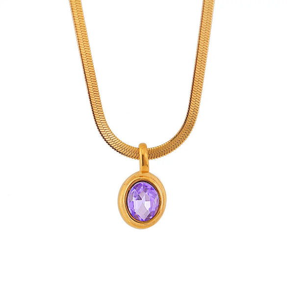 Stainless Steel Snake Chain Necklace With Oval Color Zircon Pendant Electroplating Light Luxury Retro Style Unisex