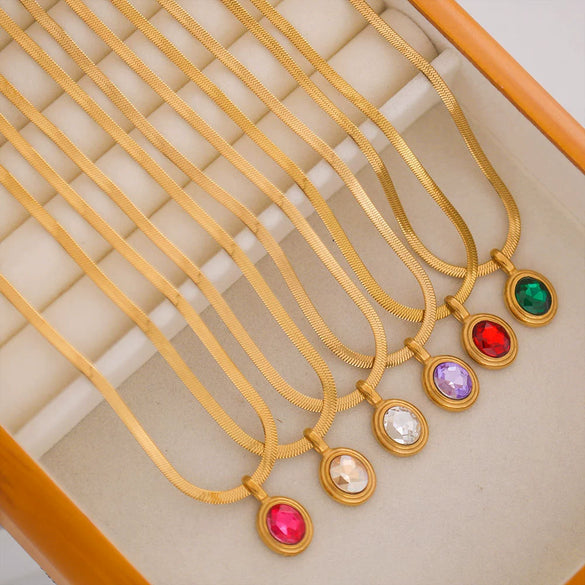 Stainless Steel Snake Chain Necklace With Oval Color Zircon Pendant Electroplating Light Luxury Retro Style Unisex