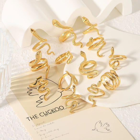 Stainless Steel Snake Shaped Geometric Ring For Women With Vacuum Electroplated 18K Gold Finish