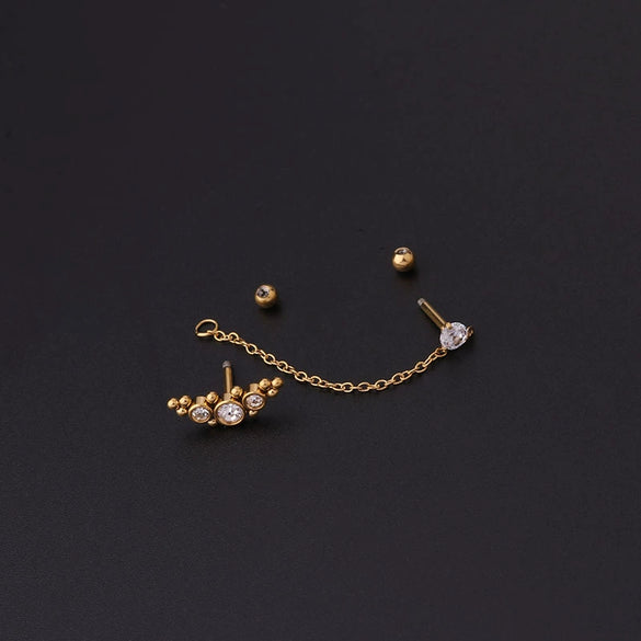 Stainless Steel Split Double Ear Hole Screw Ball Earring With Chain Simple Style