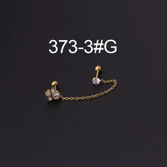 Stainless Steel Split Double Ear Hole Screw Ball Earring With Chain Simple Style