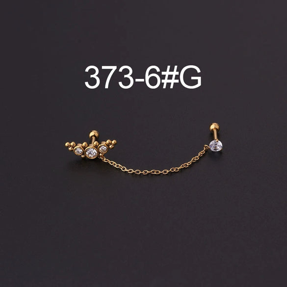 Stainless Steel Split Double Ear Hole Screw Ball Earring With Chain Simple Style
