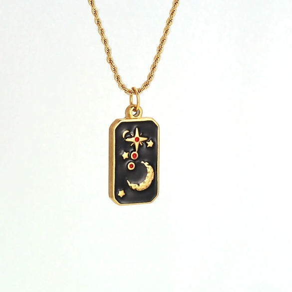 Stainless Steel Square Drop Tarot Necklace With Star Sun Pendant Fashion Vintage Clavicle Chain Geometric Style Electroplated
