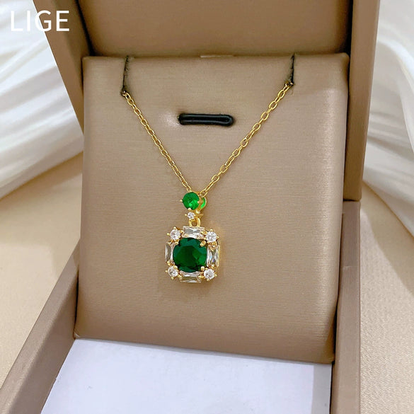 Stainless Steel Square Emerald Fashion Light Luxury Elegant Gorgeous Diamond Unisex Allmatch Clavicle Chain With Animal Zodiac Pattern