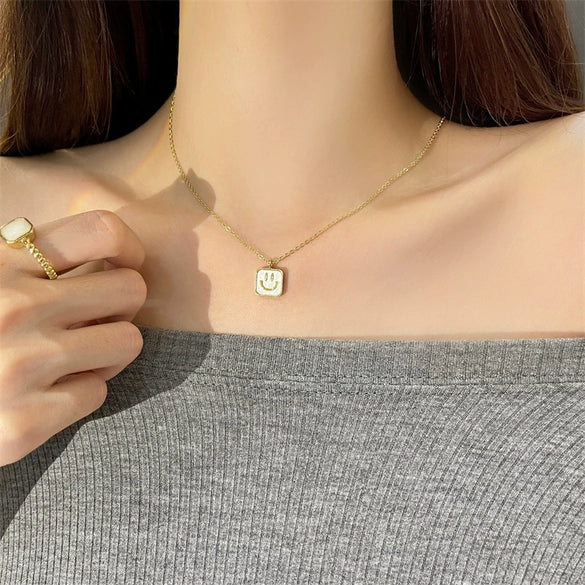 Stainless Steel Square Geometric Smiley Face Necklace With Electroplating For Women