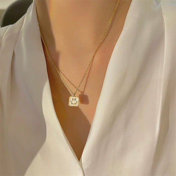 Stainless Steel Square Geometric Smiley Face Necklace With Electroplating For Women