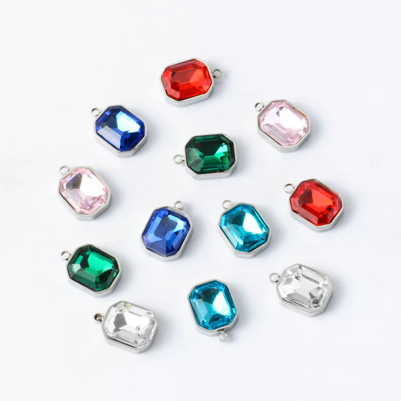 Stainless Steel Square Pendant Necklace And Diy Earrings Accessories With Sapphire Blue Glass Crystal Electroplating
