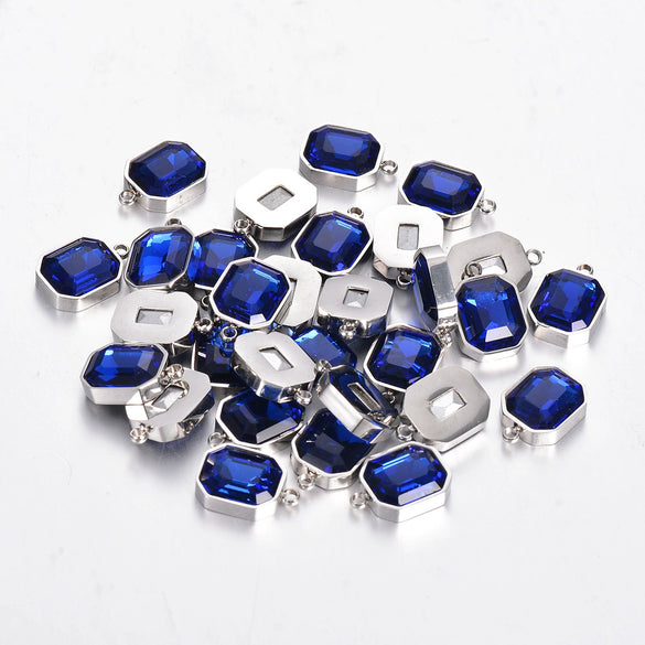 Stainless Steel Square Pendant Necklace And Diy Earrings Accessories With Sapphire Blue Glass Crystal Electroplating