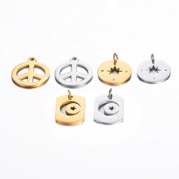 Stainless Steel Square Pendant With Peace Symbol Disc Compass Star Moon Hollow Design Electroplated