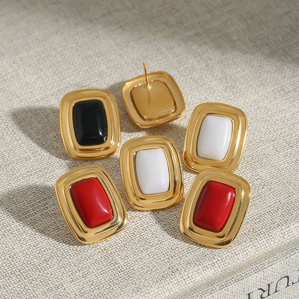 Stainless Steel Square Round Black Agate Earrings With Geometric Design And Electroplating