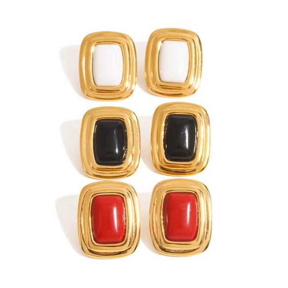 Stainless Steel Square Round Black Agate Earrings With Geometric Design And Electroplating
